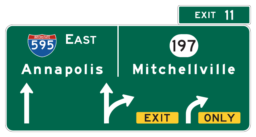 Figure 2E-35. Example of an Overhead Arrow-per-Lane Guide Sign for a Multi-Lane Exit with an Option Lane