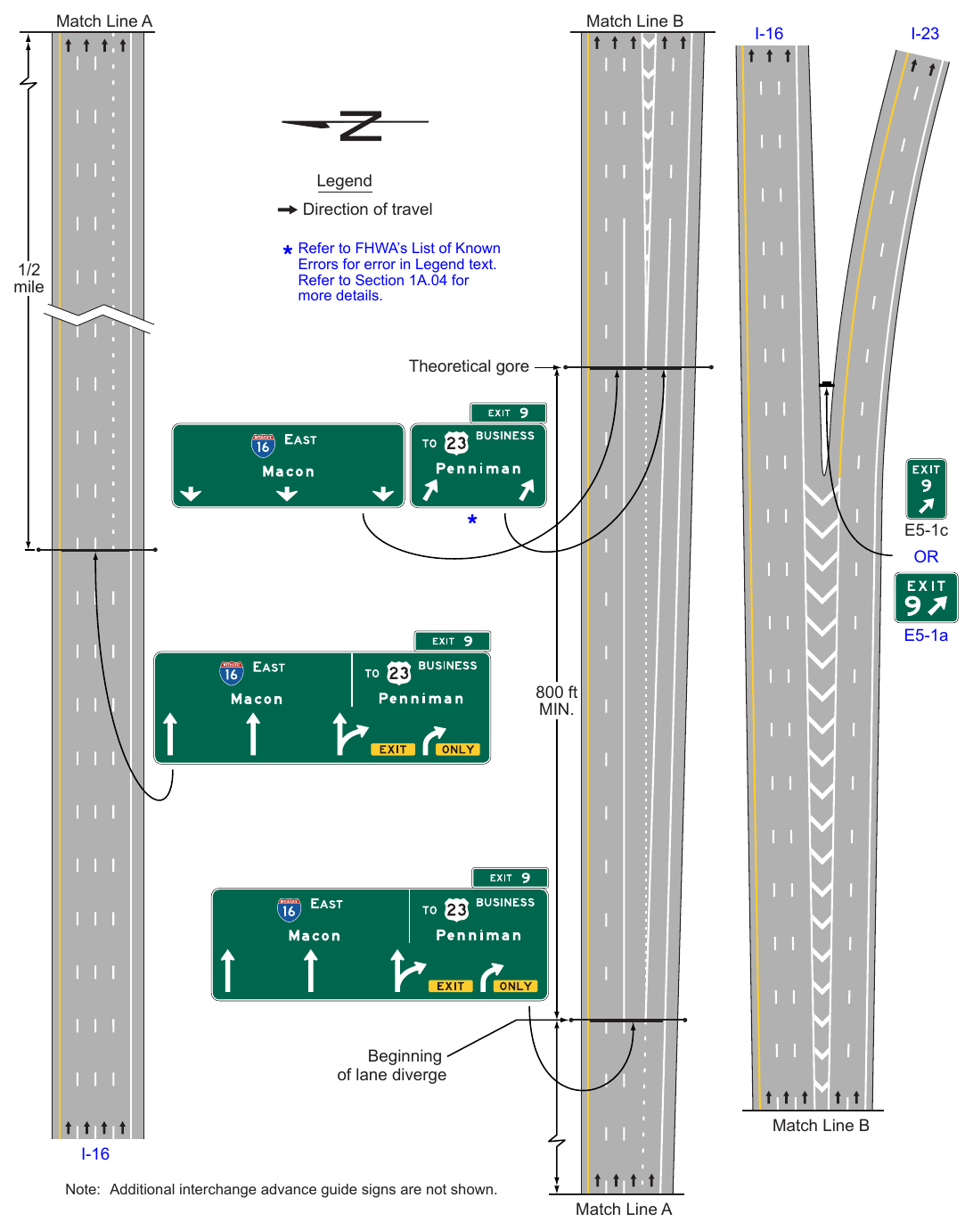 Figure 2E-40. Example of Guide Signing for a Narrow Gore at a Two-Lane Exit with an Option Lane Match Line A