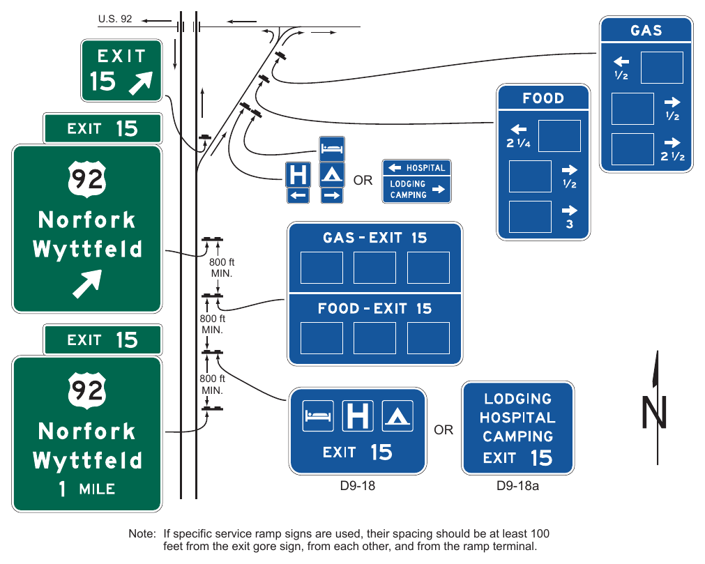 Figure 2J-3. Example of General Service Signs Used in Conjunction with Specific Service Signs U.S. 92