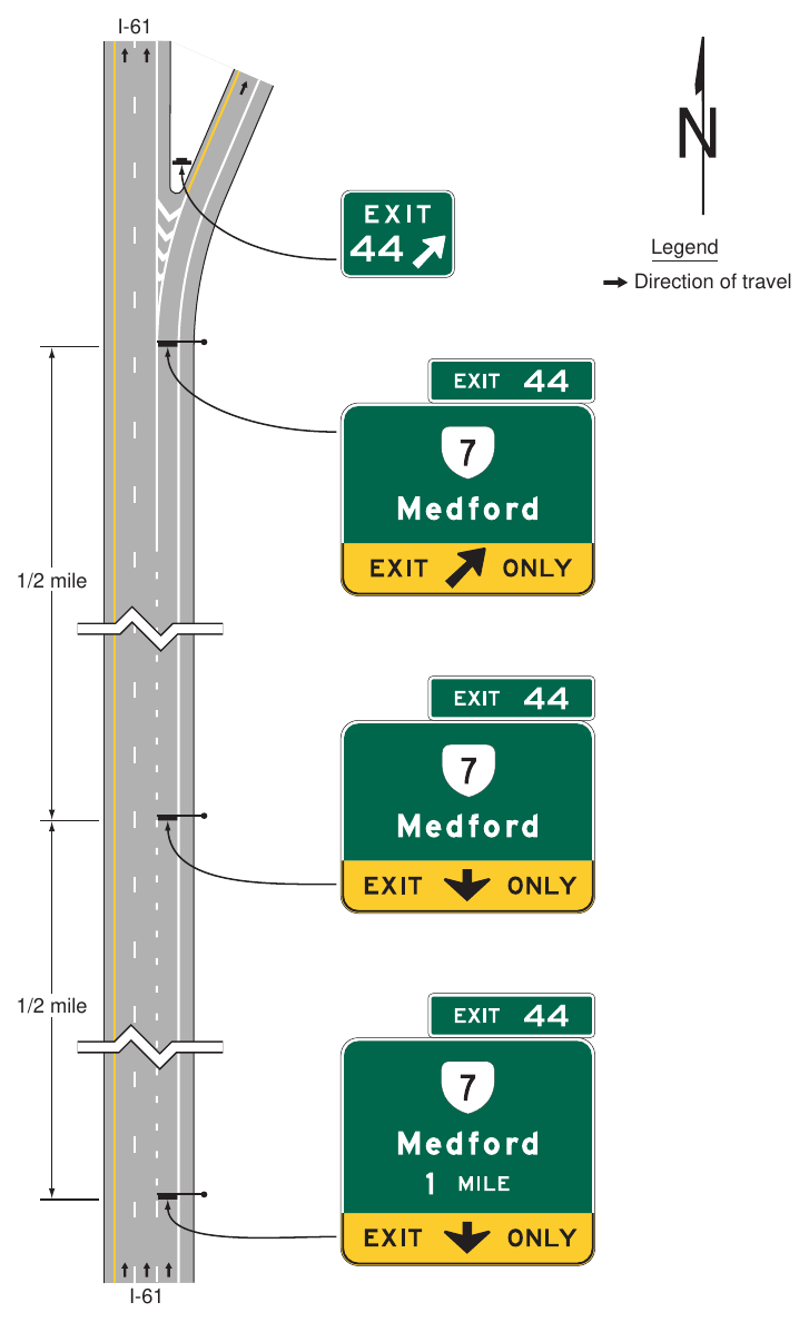 Figure 2E-19(VA). Guide Signs for a Single-Lane Exit to the Right with a Dropped Lane