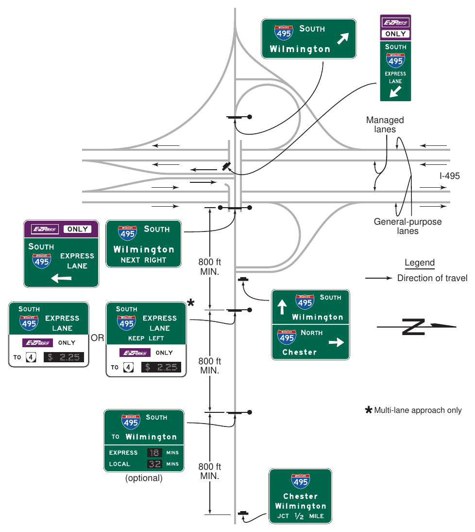 Figure 2G-31(VA). Examples of Guide Signs for Separate Entrance Ramps to General-Purpose and Priced Managed Lanes from the Same Crossroad